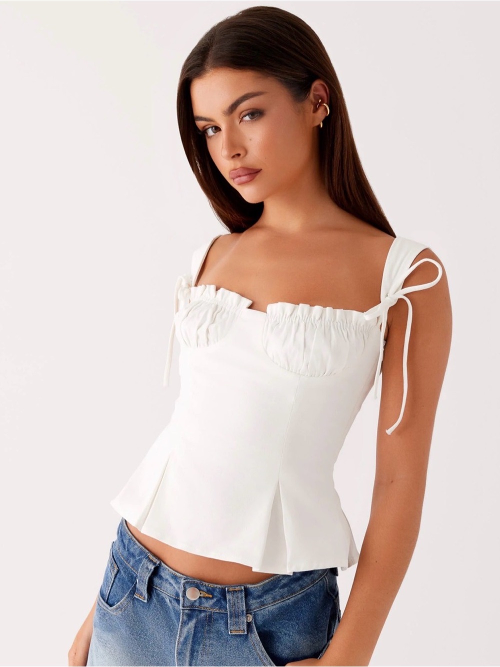 Peppermayo Daydreams Top White Ruched Bustier Tie-Shoulder Top